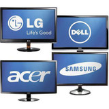 Refurbished LG, Samsung, Sony, Dell, Acer computer monitors with blue logos on screens.
