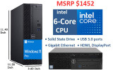 Refurbished Intel 6-core CPU, Windows 11 Pro desktop computer with i5 processor and SSD storage.