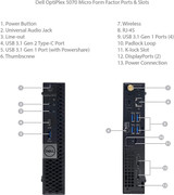 Refurbished Left side view of Dell OptiPlex 5070 Micro i7 PC showing USB ports, power button, and VGA port.