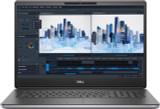 Refurbished Left side view: Open laptop showing 17.3 display with cityscape, RAM indication label closeup, USB-C port, HDMI, headphone