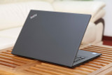 Refurbished Lenovo Thinkpad T480s Slim 16GB DDR4 RAM 256GB PCIe SSD 14 Laptop open on wooden table facing left side view with USB-C