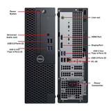 Refurbished Dell OptiPlex i5 Windows 11 Compact SFF Computer with USB-C, HDMI, DisplayPort, and power connection options.