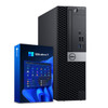 Refurbished Dell OptiPlex 790 desktop computer with a package of Windows 11 software in front. The computer features an Intel Six Core