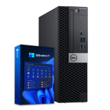 Refurbished Dell OptiPlex 790 desktop computer with a package of Windows 11 software in front. The computer features an Intel Six Core